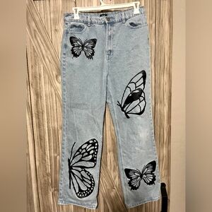 Simple SOCIETY Butterfly Print Light Blue Women's Jeans